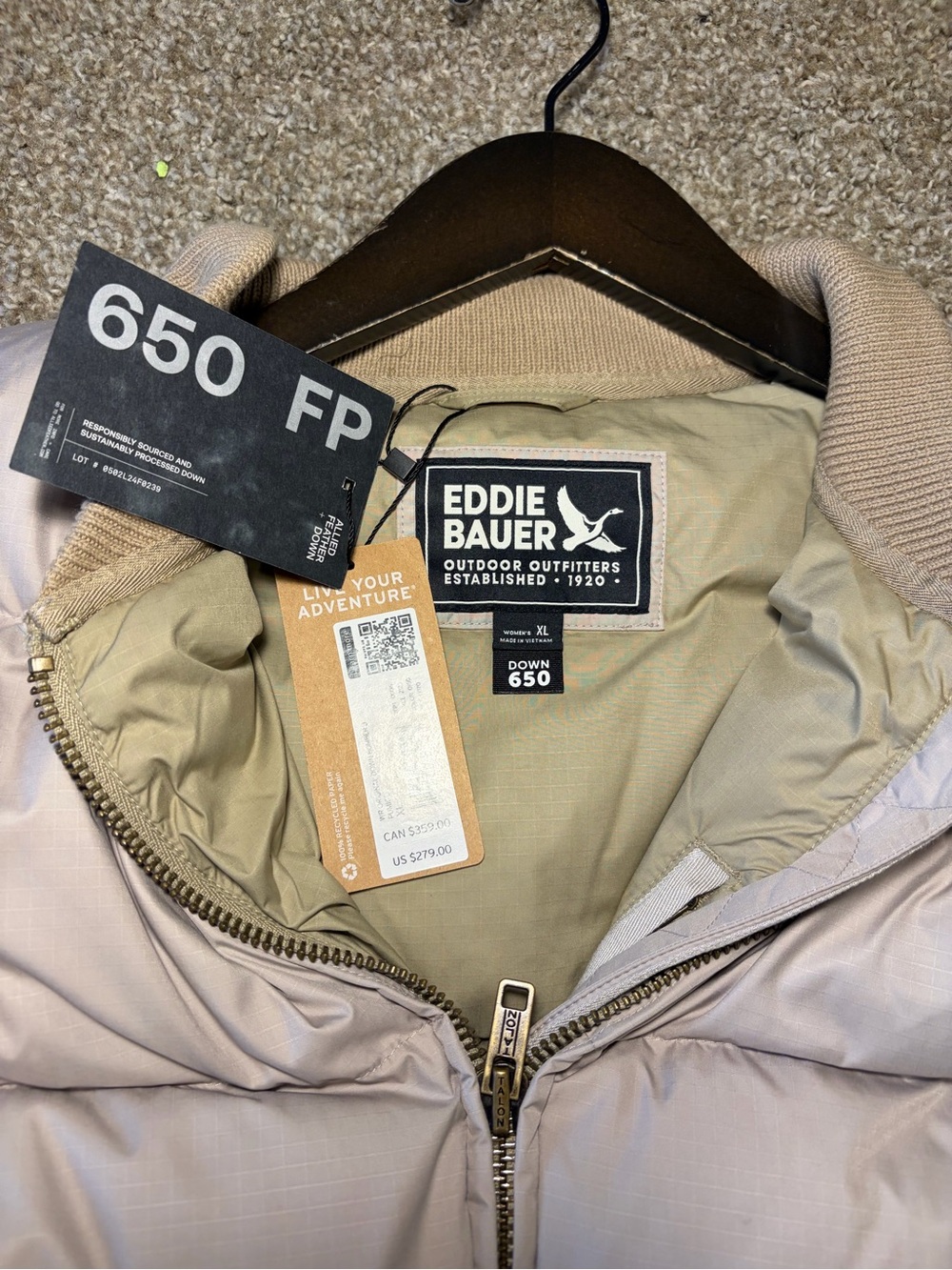 Eddie Bauer Beige Quilted Down Bomber Jacket